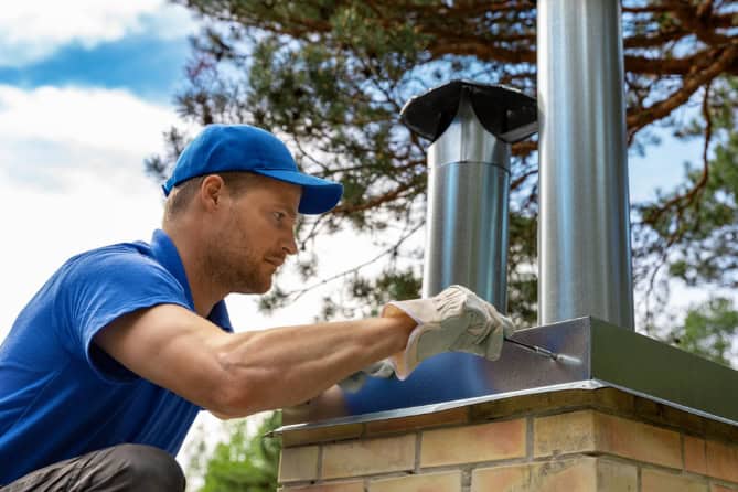A man in a blue shirt and cap uses a screwdriver to work on a metal chimney pipe on a brick structure outdoors, representing Chimney Cleaning Providence County, with trees and sky in the background.