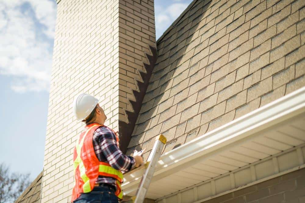 A construction worker in a safety vest and hard hat stands on a ladder, inspecting or performing chimney repair on the roof of a house in Providence County, RI, under a partly cloudy sky.