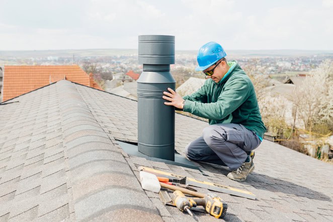 A worker in a blue hard hat and safety glasses installs a metal vent pipe on a shingled roof—tools are spread out nearby, with a residential neighborhood in RI visible in the background, highlighting expert Chimney Repair Providence County services.