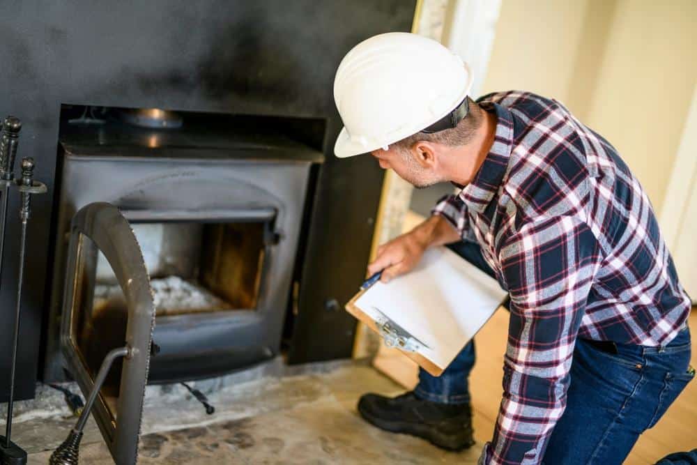 A person wearing a white hard hat and plaid shirt inspects a fireplace, holding a clipboard and looking inside the firebox with the door open.