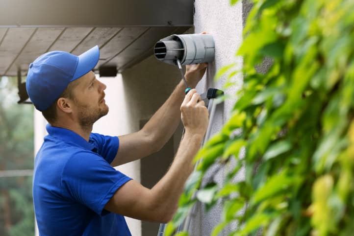 A man in a blue shirt and cap installs or repairs a ventilation duct on an exterior wall in Providence County, RI, using a screwdriver. Green foliage is visible in the foreground—perfect for your next Chimney Sweep Providence County, RI service.
