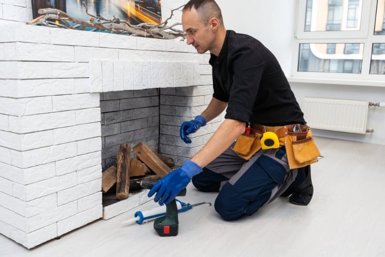 A man wearing gloves and a tool belt kneels in front of a white brick fireplace, arranging firewood and holding tools, preparing for chimney cleaning or chimney repair in Providence County, RI, in a modern, bright room.