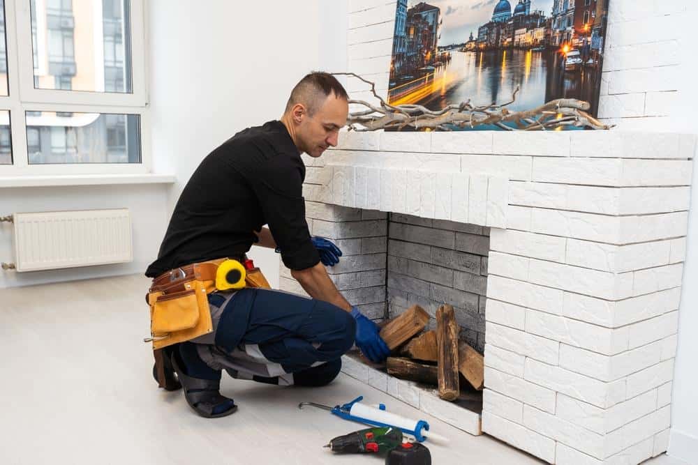 A person wearing work clothes and gloves arranges firewood inside a white brick fireplace, with tools on the floor nearby—a scene reflecting the care typical of Chimney Cleaning Providence County. A cityscape photo sits on the mantel above.