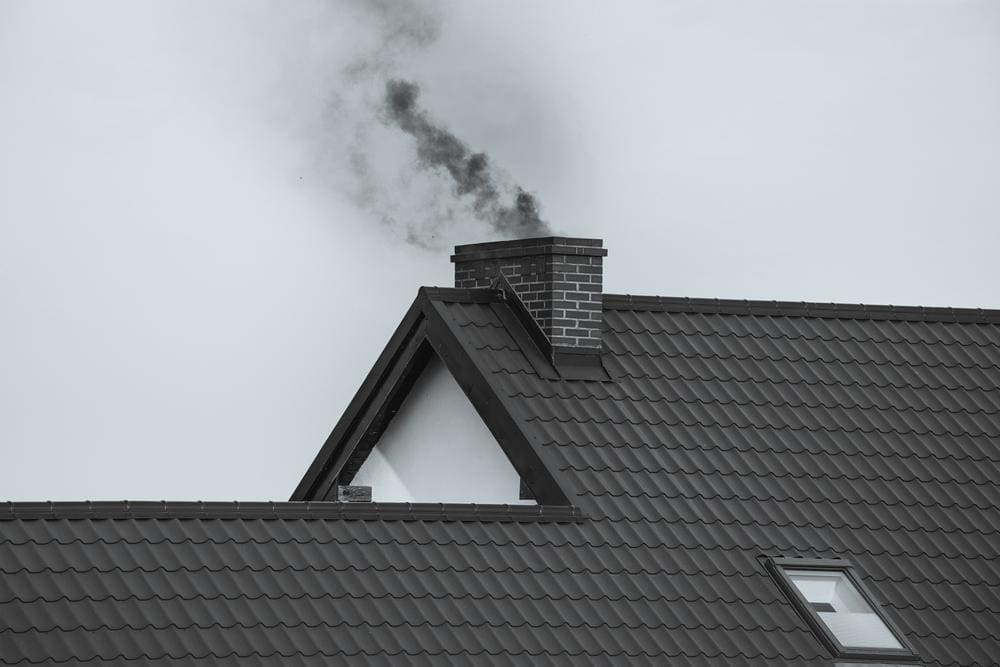 A dark plume of smoke rises from a brick chimney on the rooftop of a house with gray roof tiles, set against an overcast sky—an everyday scene in RI, where Chimney Sweep Providence County services keep homes safe and warm.
